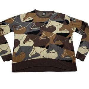 Kerrits Riding Equestrian Sweater All Over Brown Horse Print, Size XL